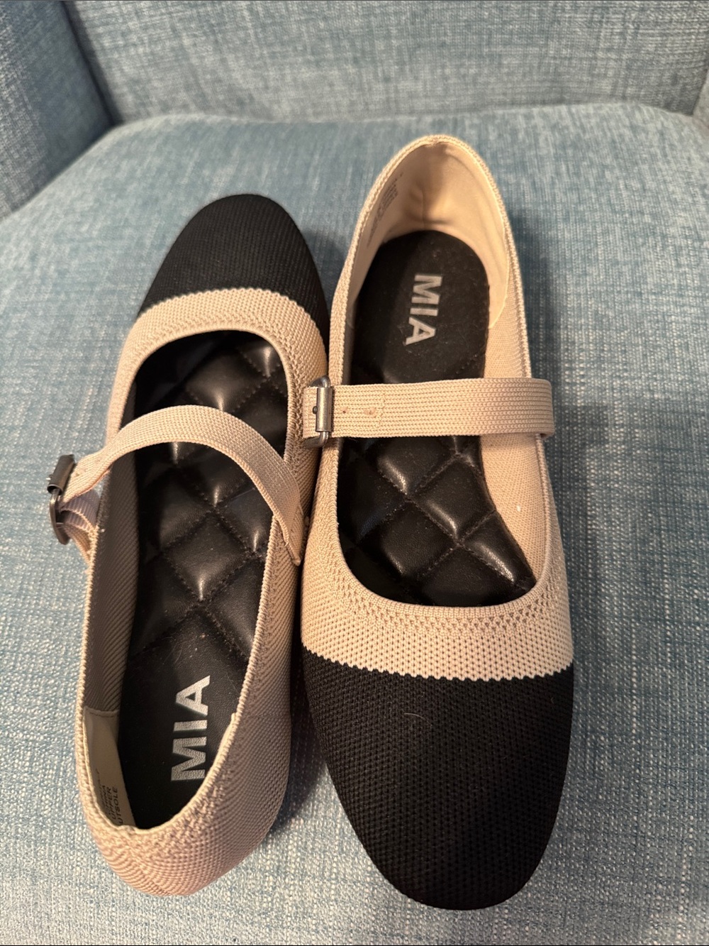 MIA Beige and Black Knit Mary Jane Flats with Buckle Strap